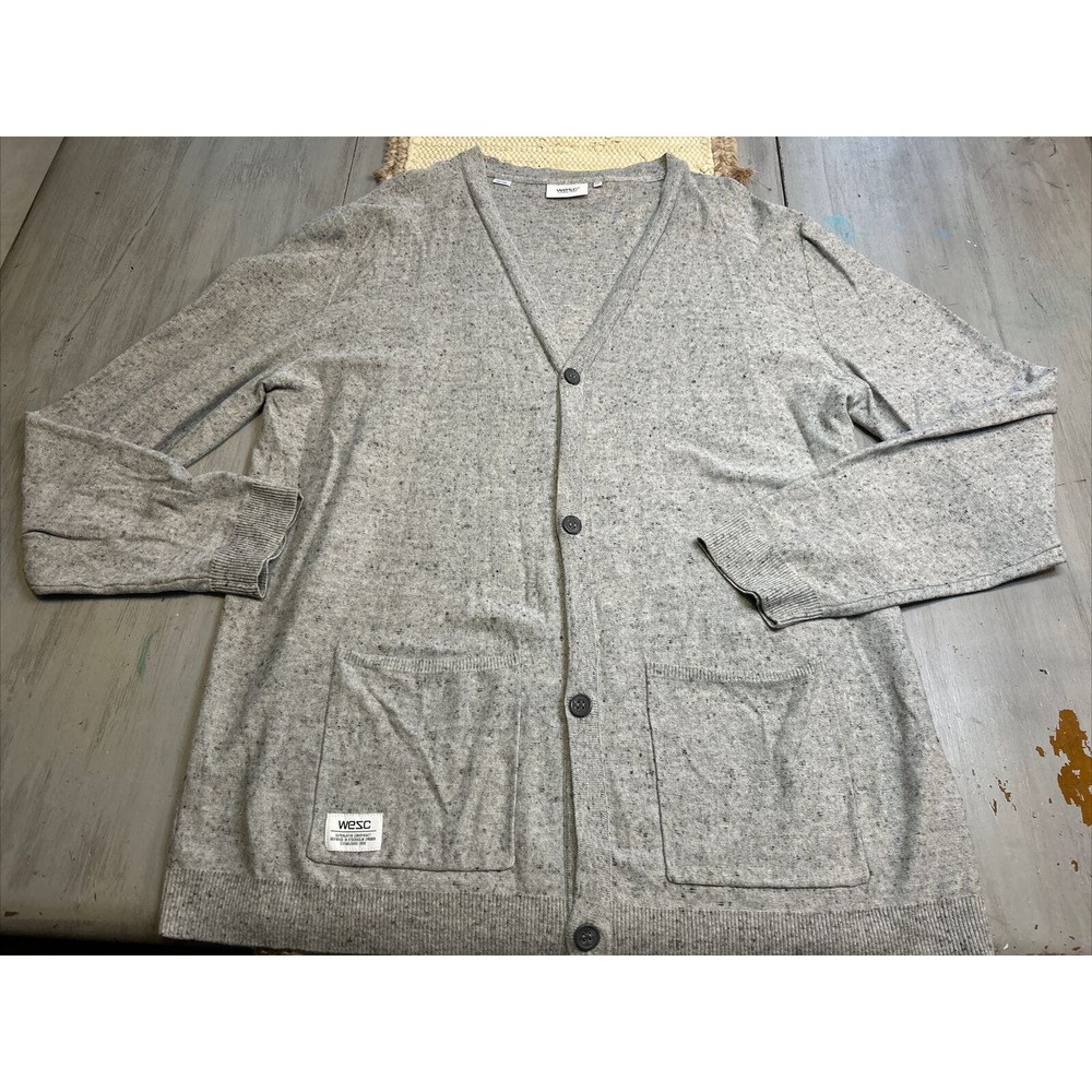 WeSC Superlative Conspiracy Gray Button Down Cardigan Sweater Mens Sz XXL